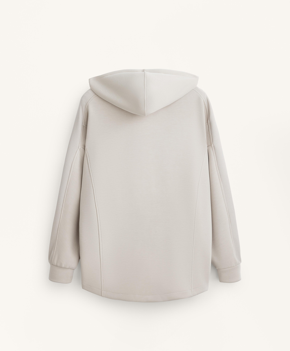 Oysho Длинная куртка с капюшоном, детали в рубчик, из модала с начесом, серо-коричневый