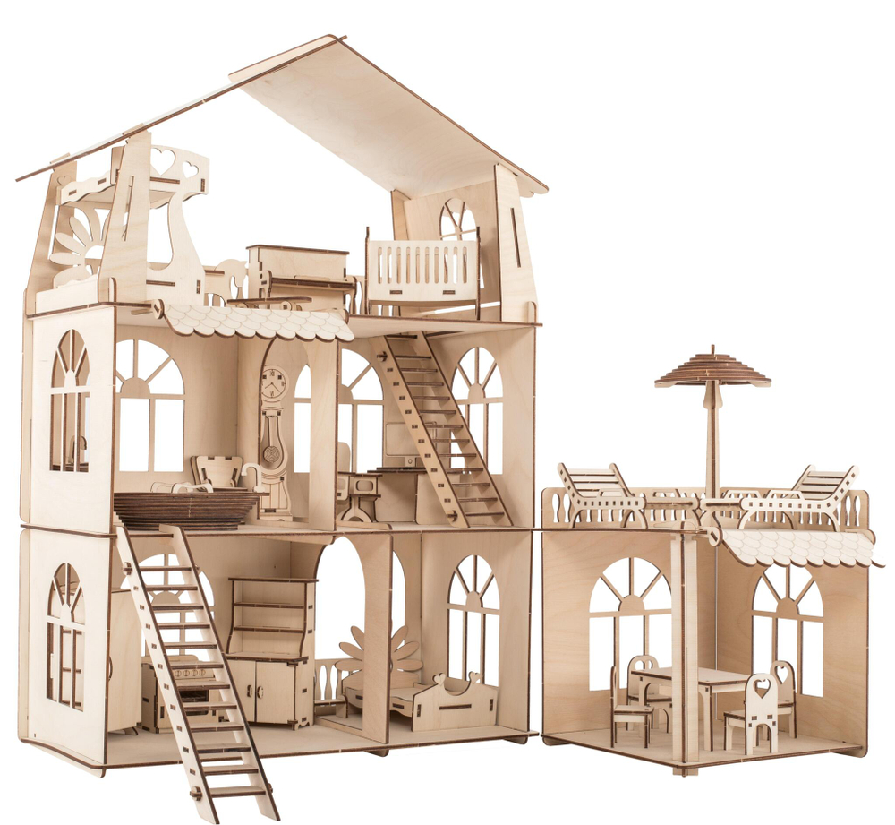 Конструктор-кукольный домик ХэппиДом "Коттедж с пристройкой и мебелью Premium"