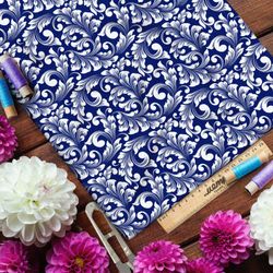 Ткань дюспо симметричный крупный узор гжели на синем фоне