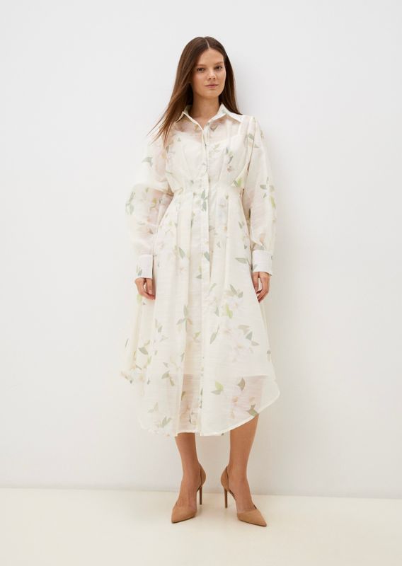 Платье миди воздушное на пуговицах с зеленым принтом