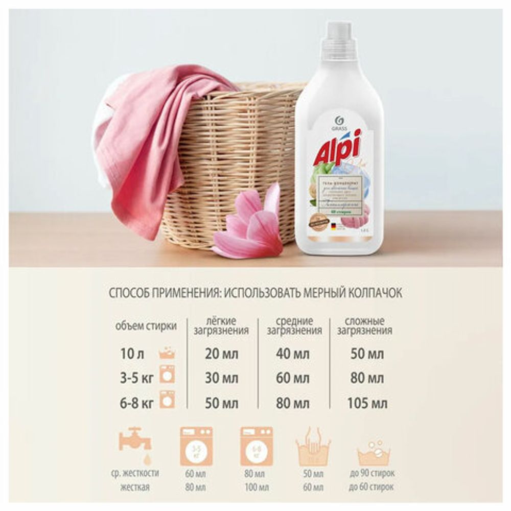 Средство для стирки жидкое 1,8 л, GRASS ALPI, для цветных тканей, нейтральное, концентрат, гель, 125734