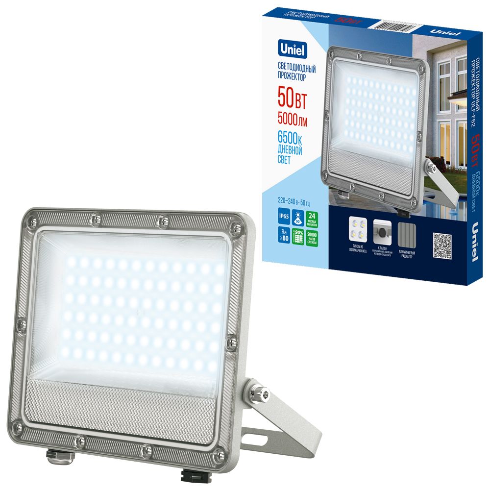 ULF-F52D-50W-6500K IP65 200-240V GREY Прожектор светодиодный. Дневной свет 6500K. Угол 90 градусов. Корпус серый. TM Uniel