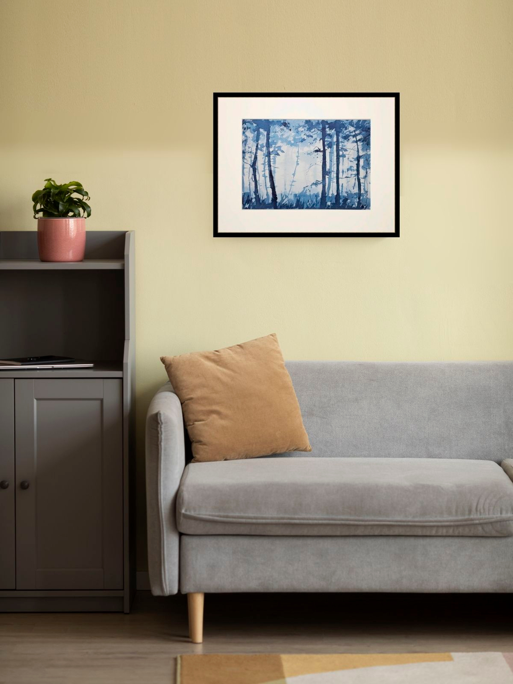 Картина авторская акварельная в паспарту 30х40 см на стену для интерьера "Лес цвета ИНДИГО"