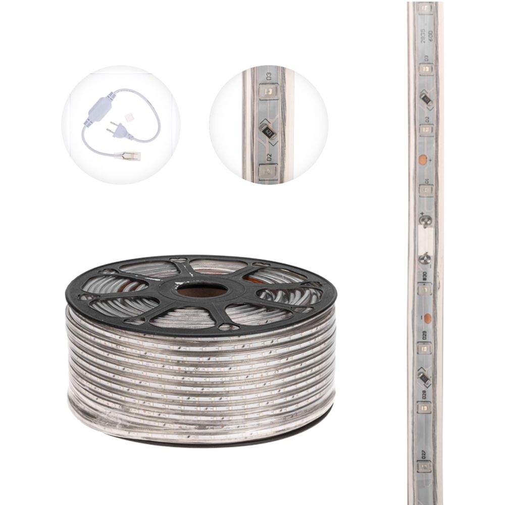 Лента светодиодная 220В, SMD2835, 4,8Вт/м, 60 LED/м, Желтый, 10х7мм, 100м, с кабелем питания, IP67 N