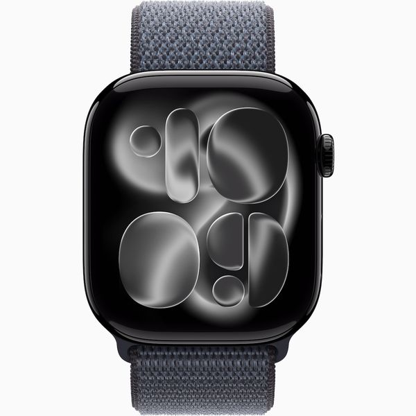 Умные часы Apple Watch Series 11 46 мм из алюминия цвета «чёрный глянец», нейлоновый браслет синего цвета