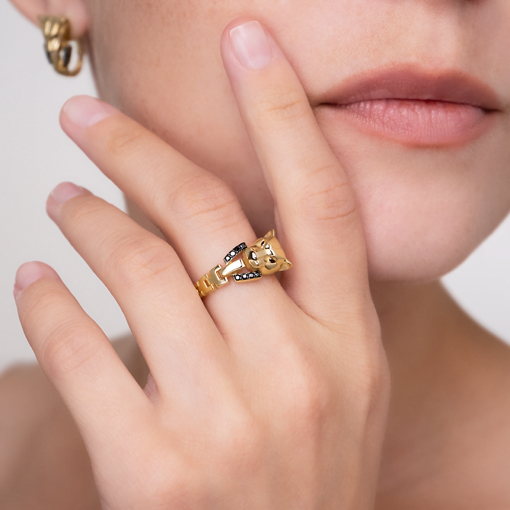 Кольцо «Пантера» из лимонного золота с фианитами