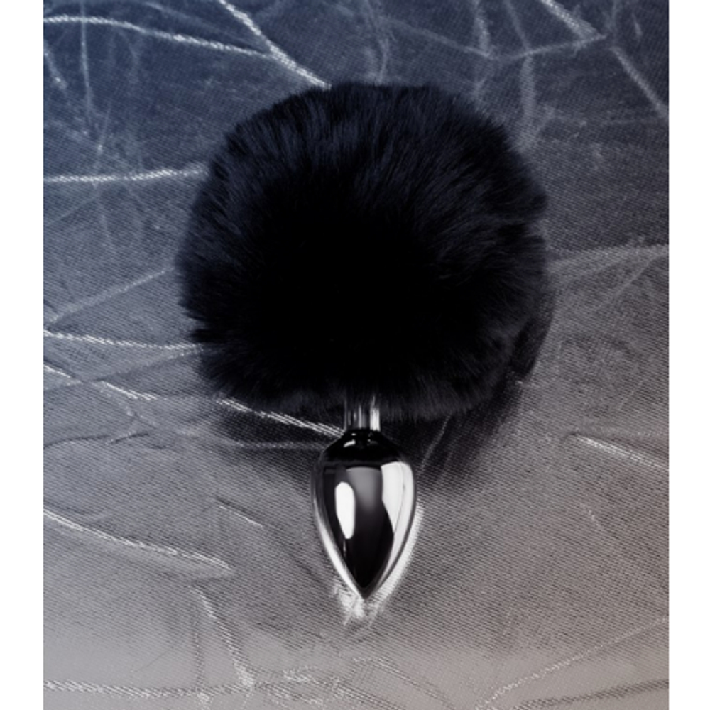 Серебряный анальный плаг с черным хвостиком