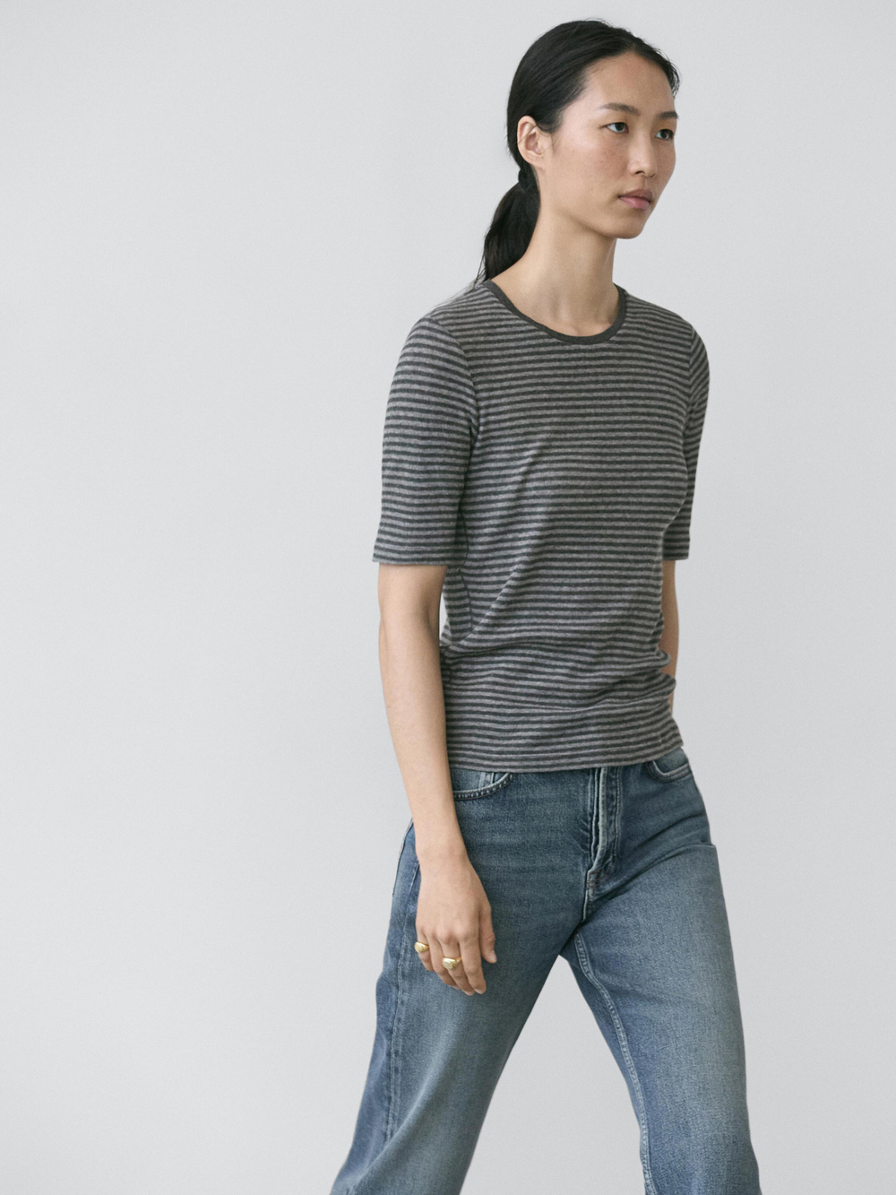 Massimo Dutti Футболка в полоску с короткими рукавами, серый