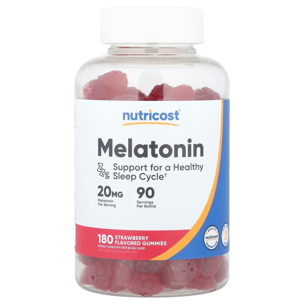 Nutricost, Жевательные мармеладки с мелатонином, клубника, 180 жевательных мармеладок (10 мг в 1 жевательной мармеладке)