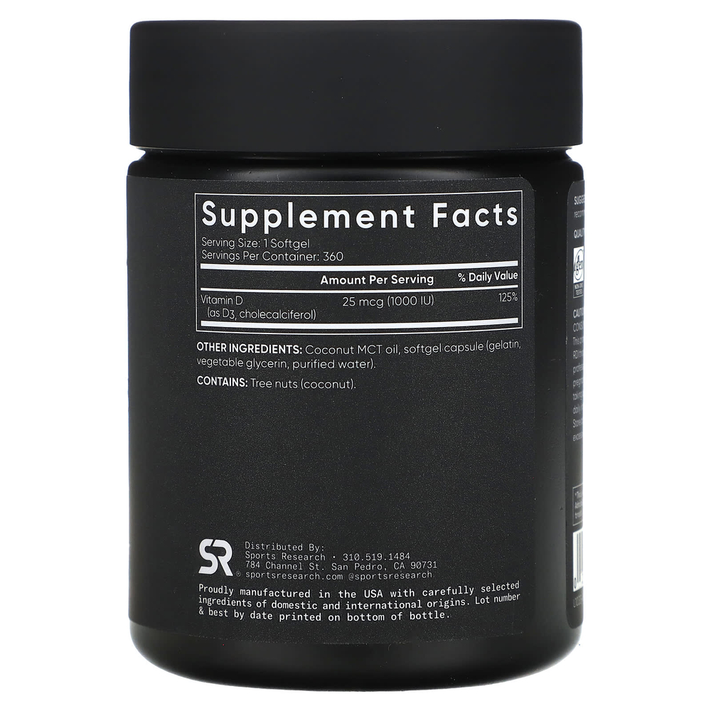 Sports Research, витамин D3, высокоактивный, 25 мкг (1000 МЕ), 360 мягких таблеток
