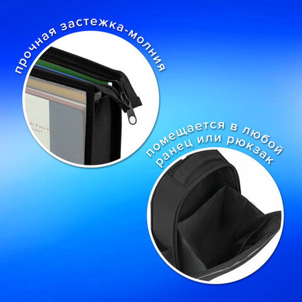 Папка для тетрадей А4 ПИФАГОР, пластик, молния сверху, прозрачная, черный, 272107