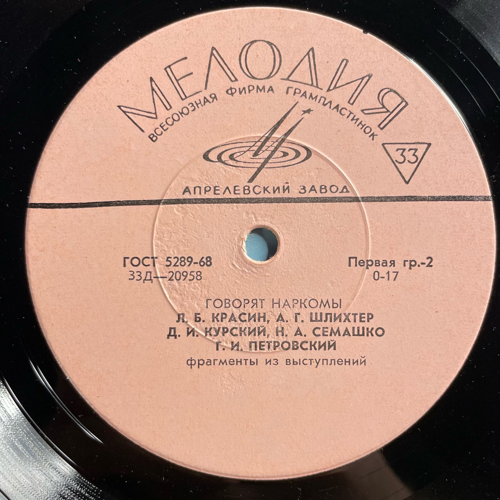 Винтажная виниловая пластинка LP Говорят Наркомы (СССР 1968) (Речи читают, Ленин, Луночарский, Семашко и др) 10 дюймов