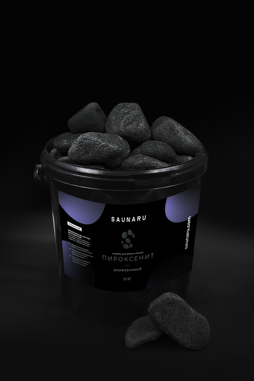 SAUNARU Камни для сауны Пироксенит шлифованный PREMIUM, фракция до 100 мм, ведро 15 кг, артикул SSB15-PP