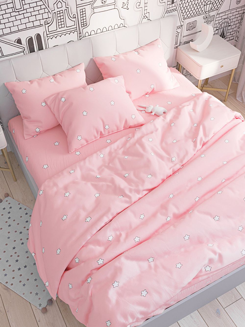 Постельное белье Сказка "Спящие звезды (розовые)" 2-спальный Наволочка 50х70 см 2 шт Простынь 240х215 см Пододеяльник 175х215 см, перкаль