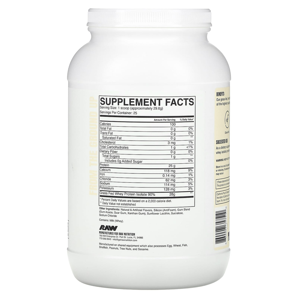 Raw Nutrition, изолят сывороточного протеина от коров травяного откорма, со вкусом ванили, 740 г (1,63 фунта)