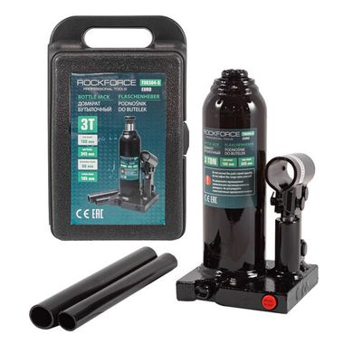 Домкрат бутылочный 3т с клапаном (высота подхвата-105мм, высота подъема-345мм)в кейсе RockForce##Rock FORCE RF-T90304-S(Euro)