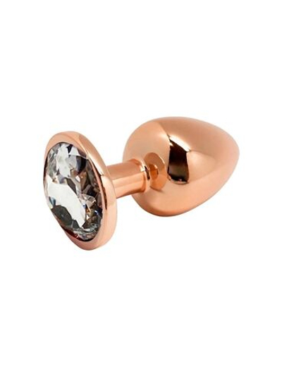 Золотистая анальная втулка Wooomy Tralalo L с прозрачным кристаллом - 9 см. (Цвет: розовый)