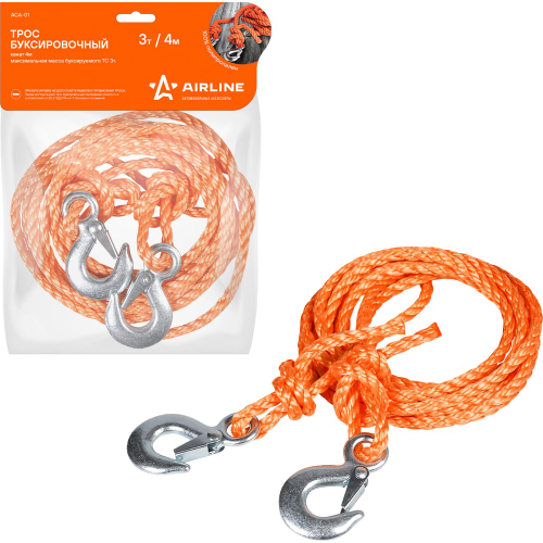 Трос буксировочный для автомобиля канат 2 крюка 3 т 4 м AIRLINE ACA-01