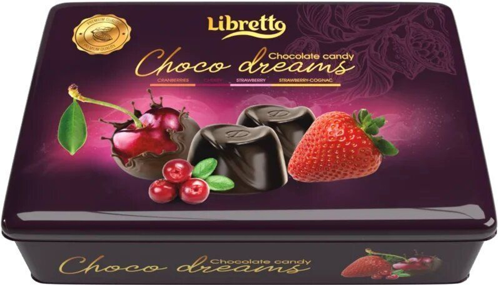 Набор конфет Libretto в темном шоколаде с фруктовыми начинками: Варенье клюква, Варенье вишня, Варенье клубника, Клубника с коньяком ж/б 200г
