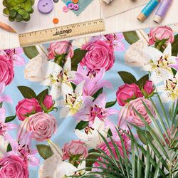 Ткань штапель голубые цветы счастья