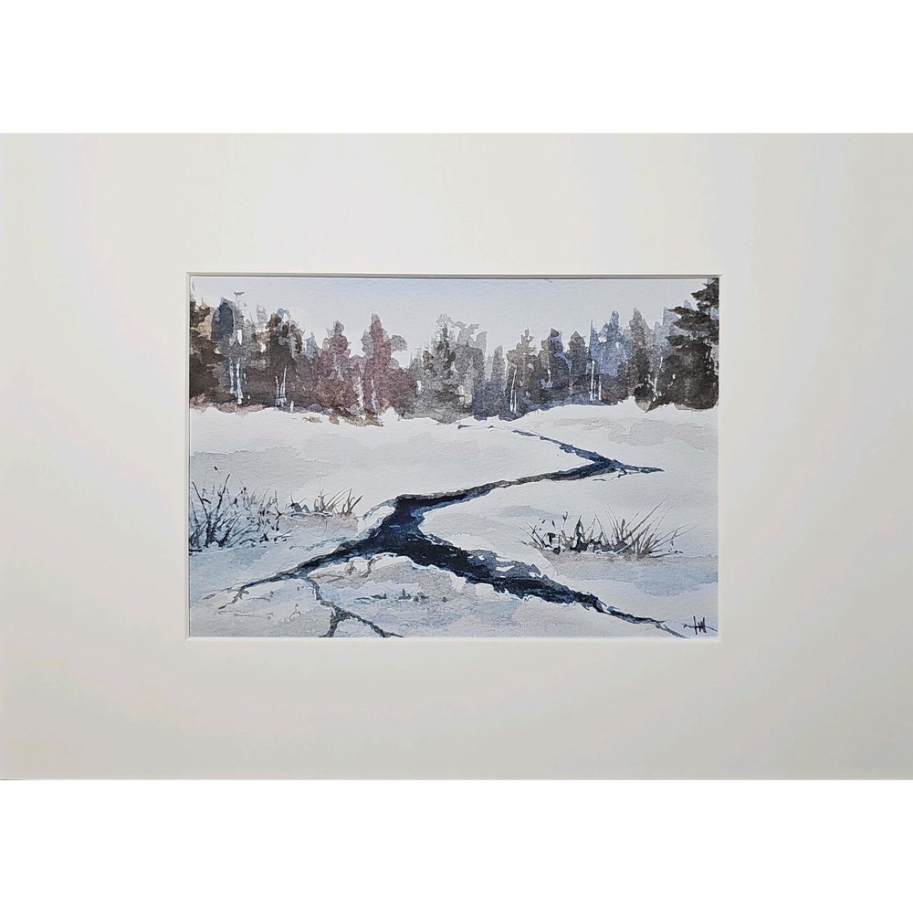 Картина авторская акварельная в паспарту 21х30 см на стену для интерьера "Зимний ручей"