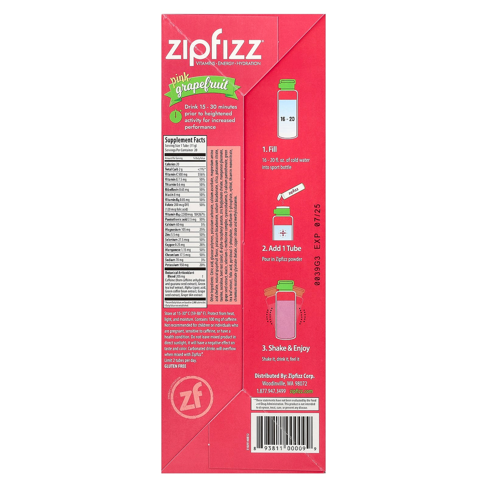Zipfizz, Энергетическая смесь для здорового спорта с витамином B12, розовый грейпфрут, 20 тюбиков по 11 г (0,39 унции)