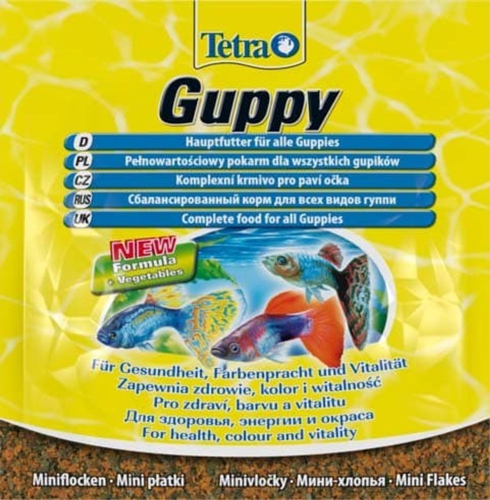 TetraGuppy корм в хлопьях для живород.пецилиевых рыб, гуппи и меченосцев 12 г (пакетик)
