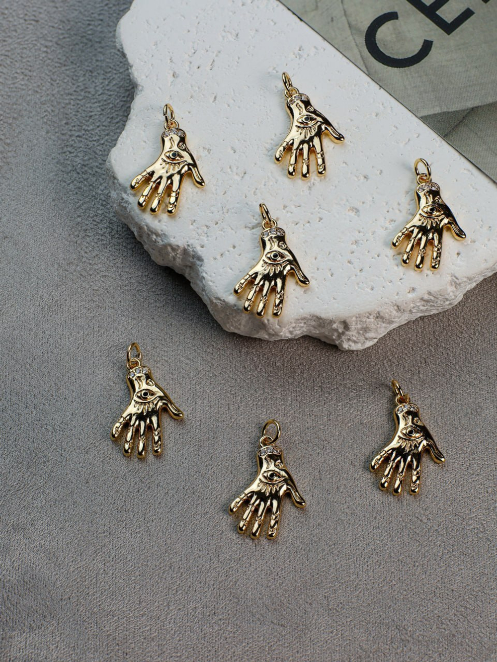 Подвеска "Рука Хамса" позолота 14к+фианиты, 20*14 мм