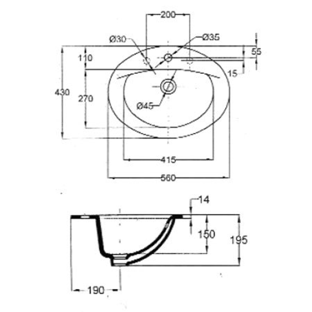 Раковина встраиваемая Jacob Delafon Odeon 56x43 E4155 схема