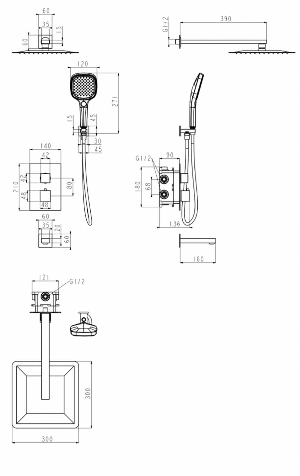 Душевая система скрытого монтажа Grocenberg GB5050CR с Термостатом Vernet (Франция)