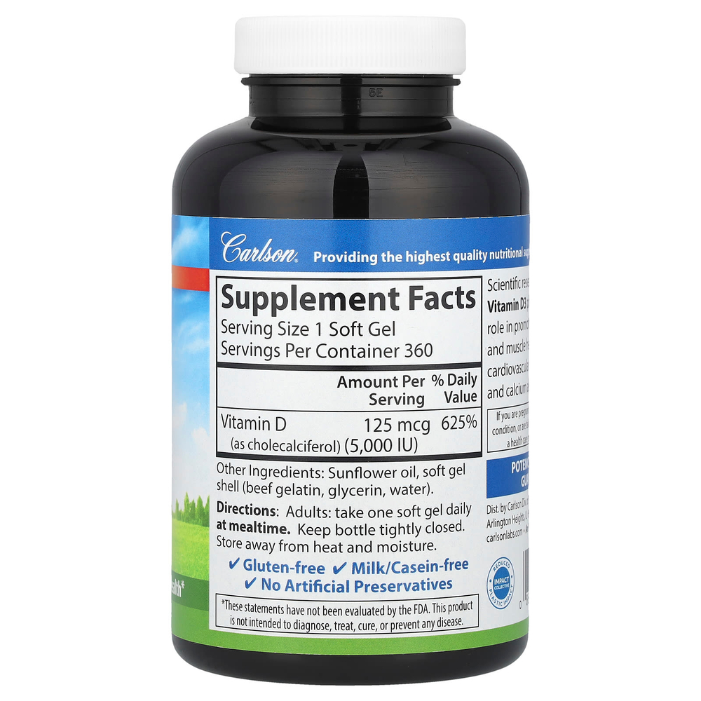 Carlson, Витамин D3, 125 мкг (5000 МЕ), 360 мягких желатиновых капсул