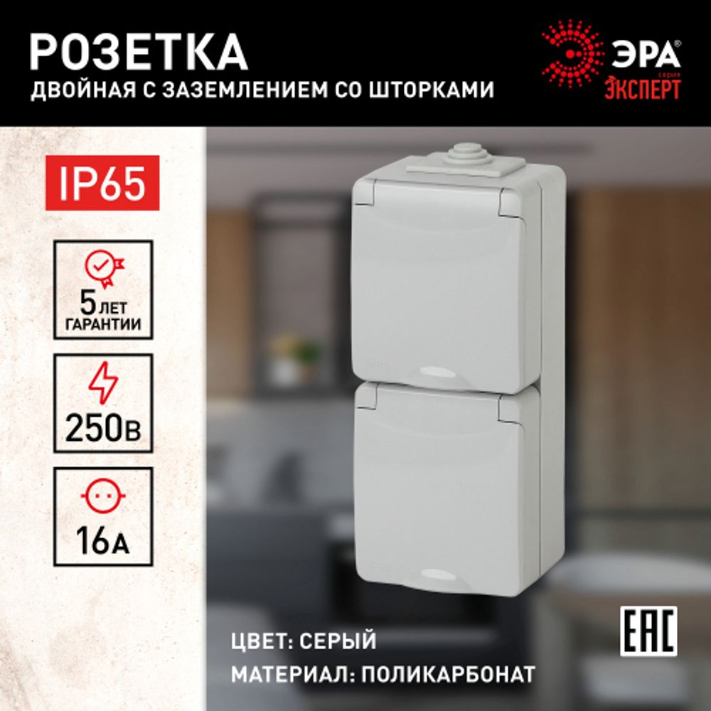11-2608-03 ЭРА Розетка 2х2P+E верт. IP65, шторки, 16A-250В, ОУ, серый