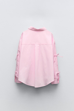 ZARA РУБАШКА ИЗ ПОПЛИНА С БАНТАМИ, РОЗОВЫЙ