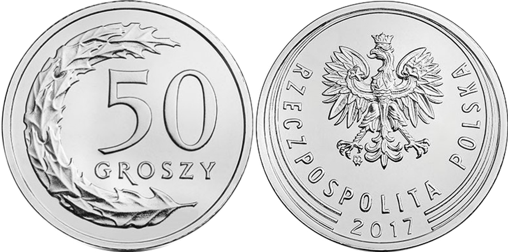 Польша 50 грошей, 2017-2019 Дубовая ветвь XF