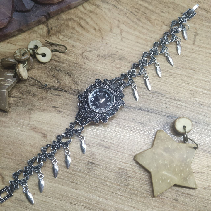 Часы Vogue Бантик циферблат черный в узорах стразы графитовые металл серебристый