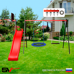 Уличные качели Sv Sport с горкой УК197КП2 (3.7м/Щит баскет/Гнездо Оксф. 100см/Деревянные/Подвесы на подш 2к)