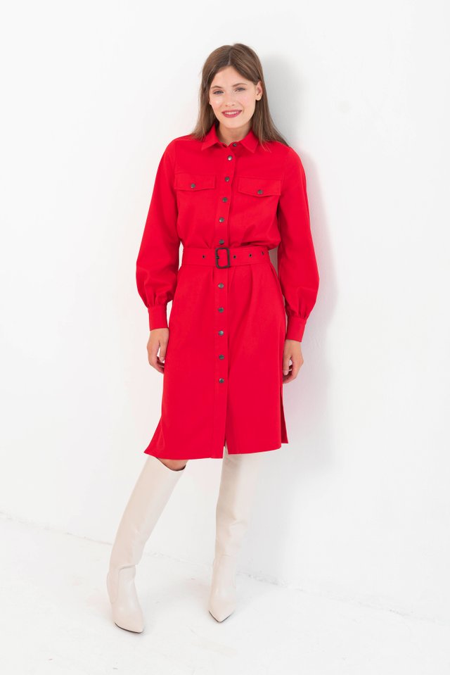 Платье-рубашка красное из костюмной ткани