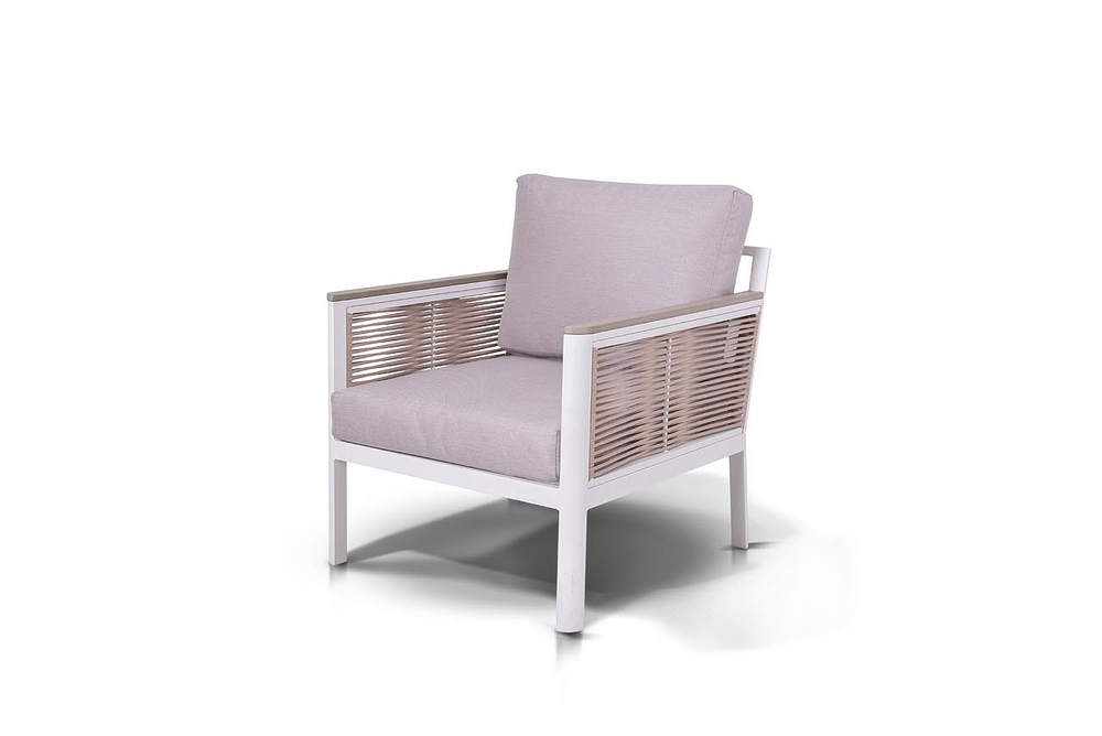 "Сан Ремо" кресло плетеное из роупа садовое, каркас алюминий белый, роуп бежевый, ткань бежевая