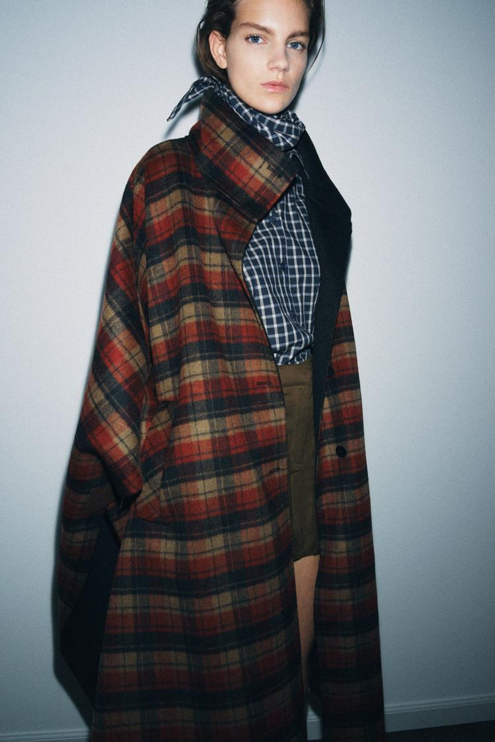 ZARA НАКИДКА В КЛЕТКУ ИЗ ШЕРСТИ, ZW COLLECTION, БОРДОВЫЙ/ЭКРЮ