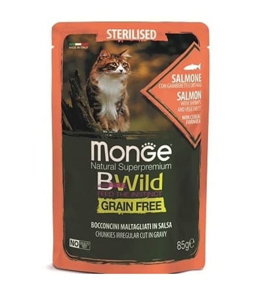 Влажный корм Monge Cat BWild GRAIN FREE для стерилизованных кошек из лосося с креветками и овощами, пауч 85г
