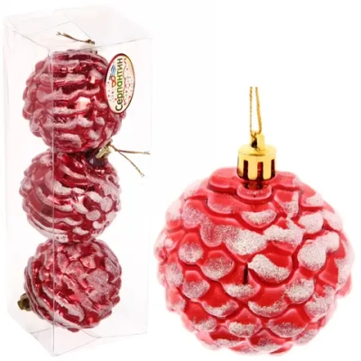Ёлочные игрушки «Шишки нарядные» 6 см (набор 3 шт), красный/белый