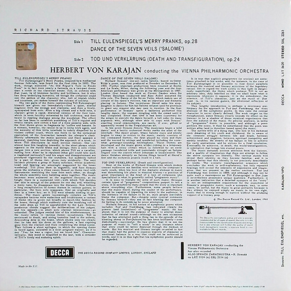 Herbert von Karajan, Vienna Philharmonic Orchestra / Richard Strauss: Till Eulenspiegel's Merry Pranks, Dance Of The Seven Veils, Tod Und Verklarung (LP)