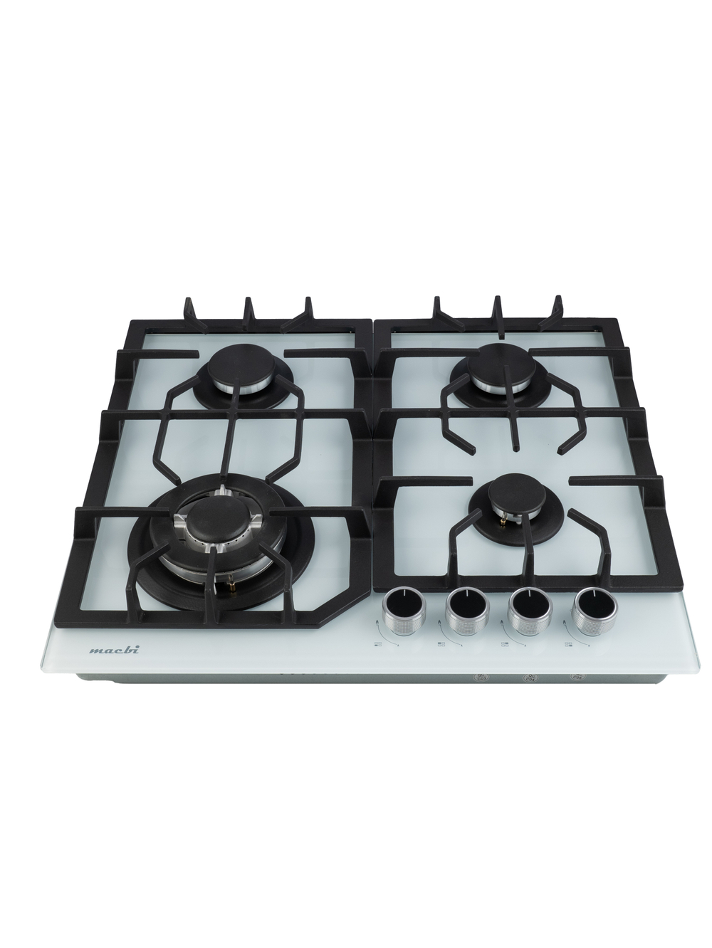 Газовая варочная панель шириной 60 см, Macbi MBH64WFGI.V2-WH с Wok-конфоркой, Белое закаленное стекло, Электроподжиг, Газ-контроль, Решетки из чугуна