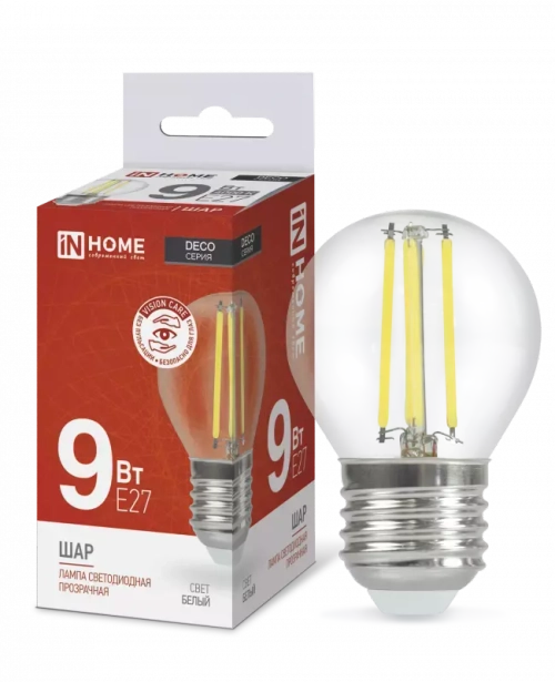 Лампа светодиодная LED-ШАР-deco 9Вт 230В Е27 4000К БЕЛЫЙ 1040Лм прозрачная IN HOME