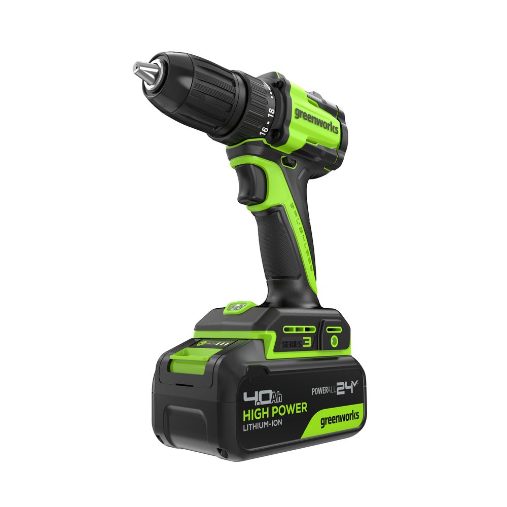 Дрель-шуруповерт акк. Greenworks DD345, 24V, б/щет, 27/45 Нм, 0-450 / 0-1850 об/мин, 13мм, 1х4Ач, ЗУ, кор (3708307CUB)