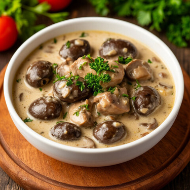 Куриные сердечки в сливочном соусе с грибами