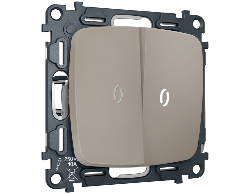 MO364055 Комплект механизма 2-кл выключателя с самовозвратом с подсветкой 5600K OMEGA Серо-бежевый матовый QUANT (OP3640, VM129, G14W)