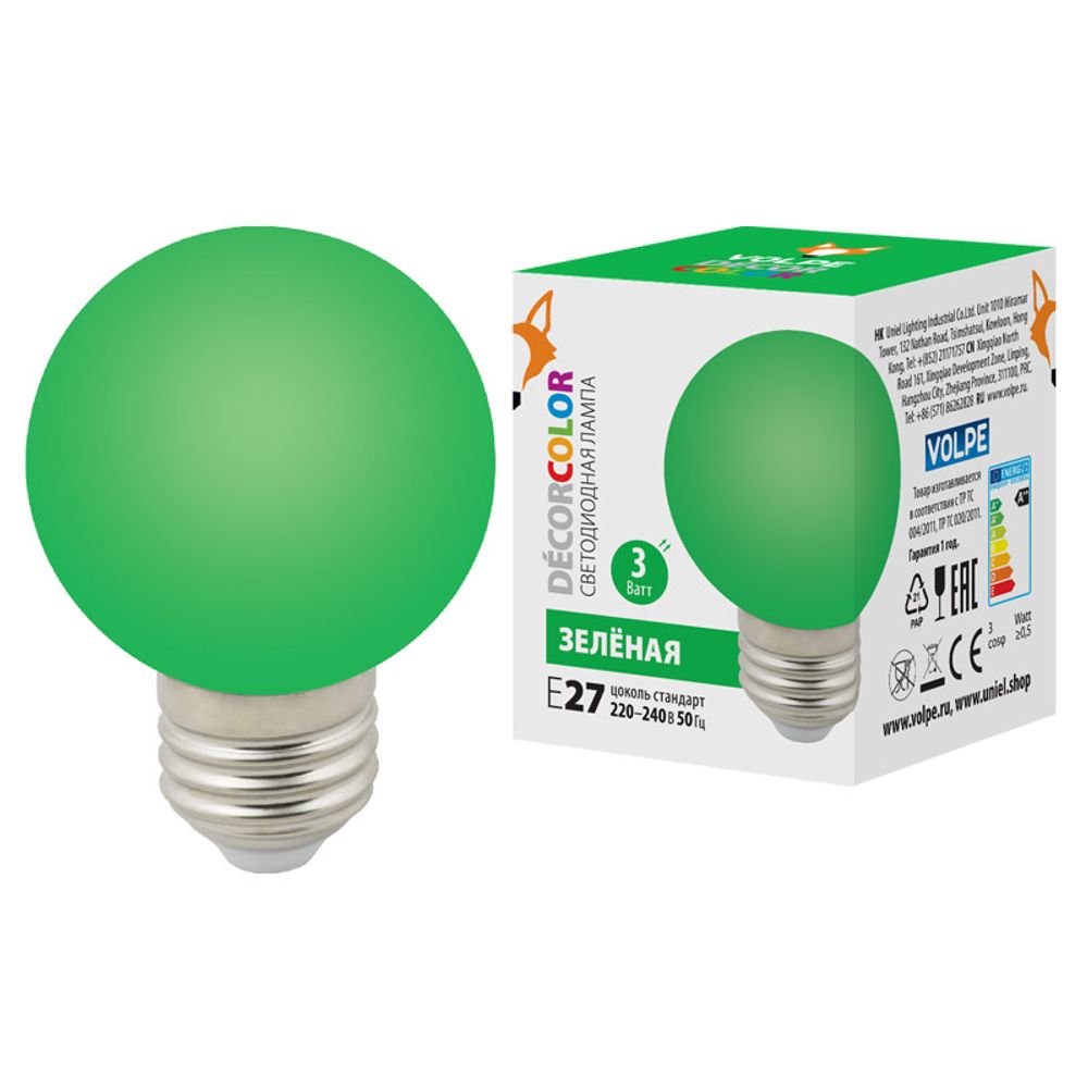 LED-G60-3W-GREEN-E27-FR-С Лампа декоративная светодиодная. Форма шар. матовая. Цвет зеленый. Картон. ТМ Volpe.