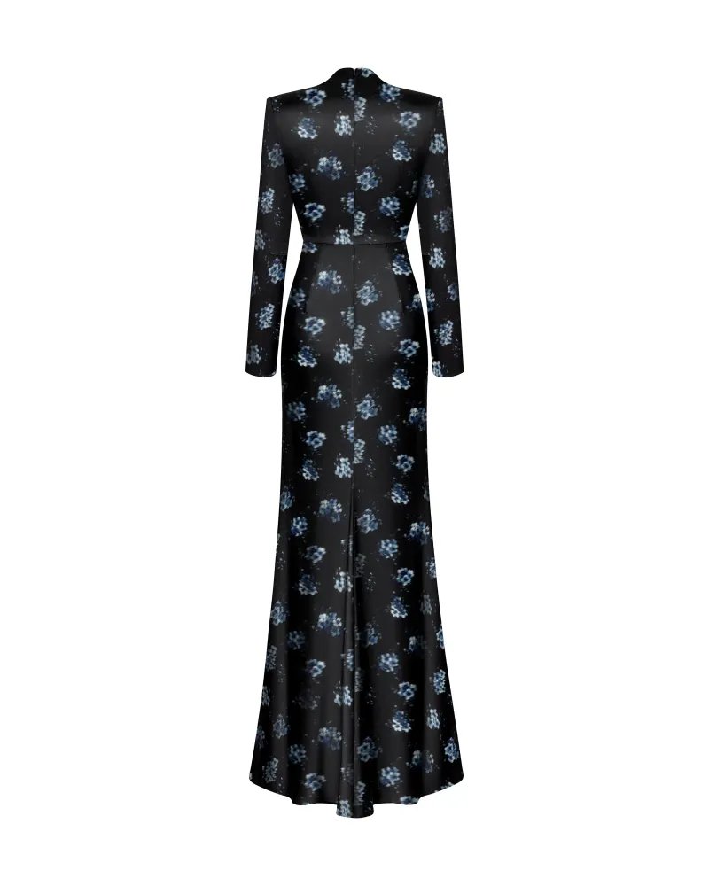 Emma maxi, платье макси из черного атласа со средним цветочным принтом