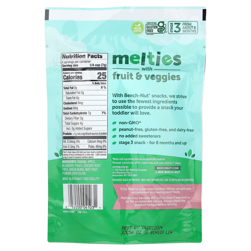 Beech-Nut, Melties с фруктами и овощами, от 8 месяцев, банан, голубика и зеленая фасоль, 28 г (1 унция)